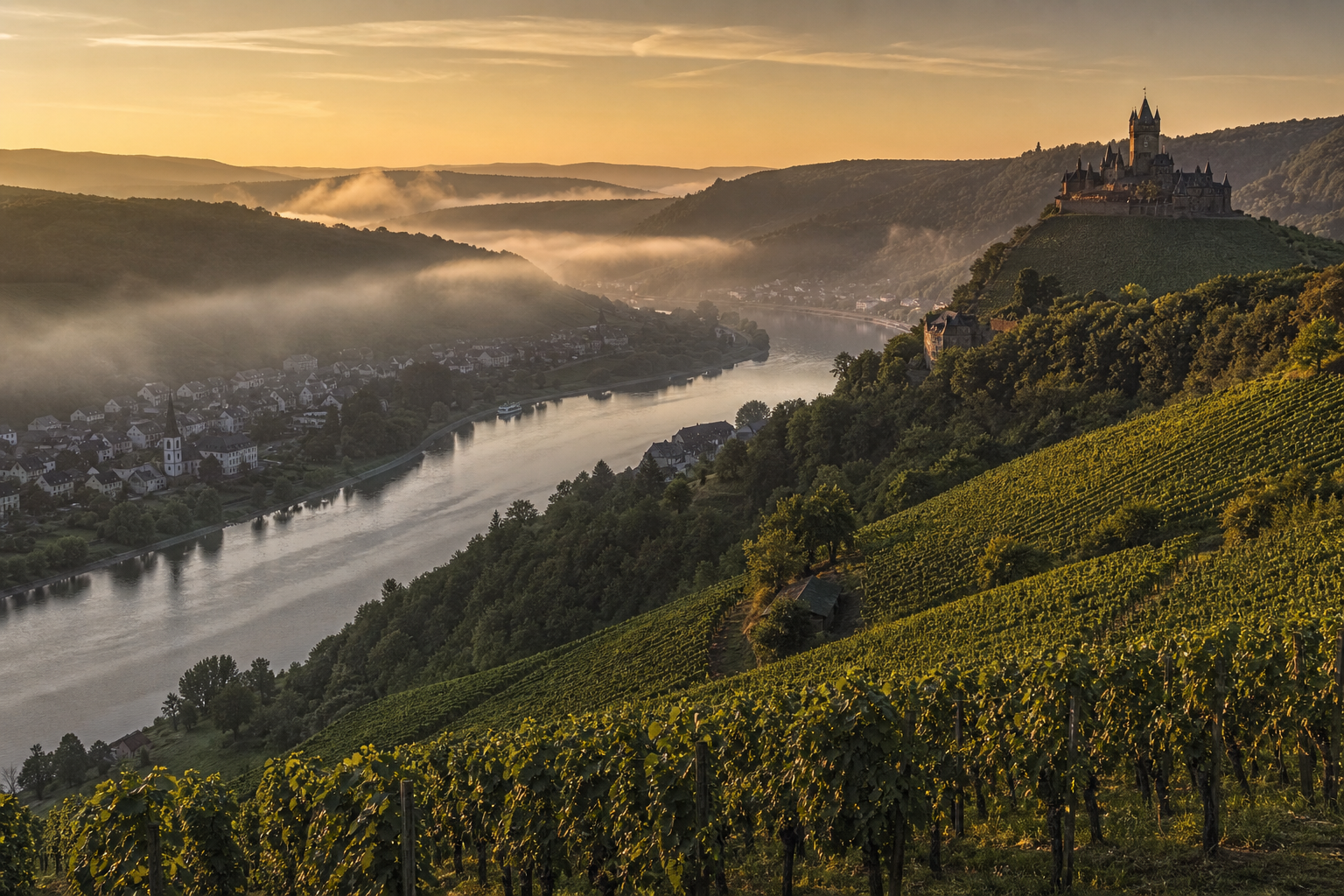 Panoramablick über das Rheintal im Morgenlicht